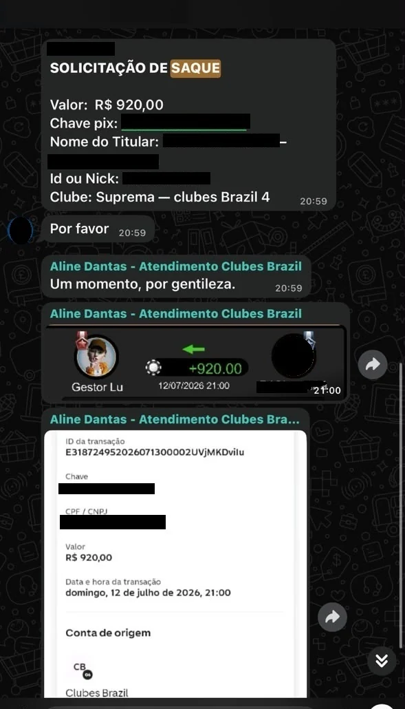 Print real de um saque pago via PIX num domingo