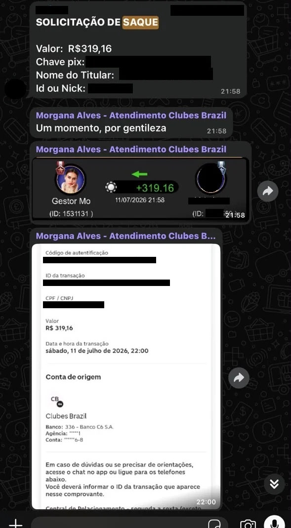 Print real de um saque pago via PIX num sábado